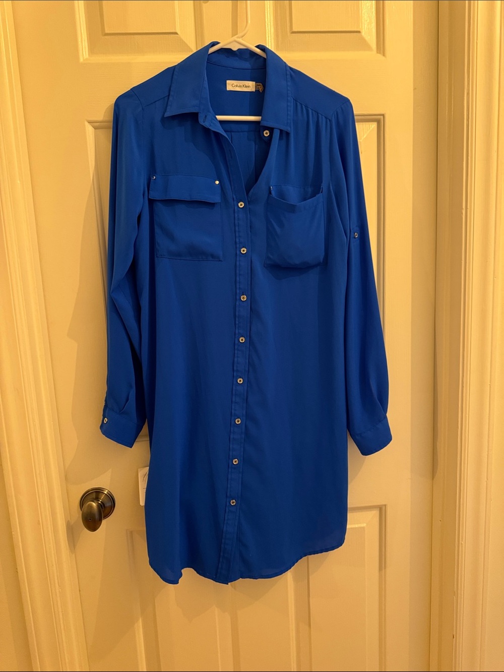 Bright Royal Blue Long Button-Down Shirt Dress Calvin Klein